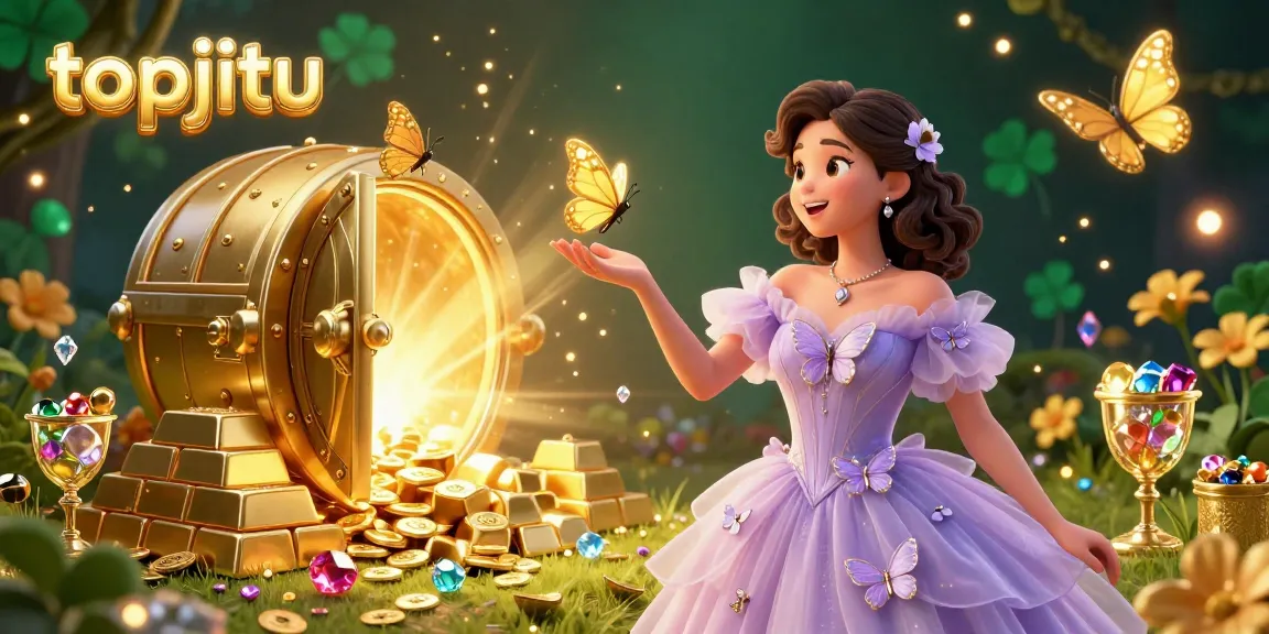 Experience the thrill of Topjitu with stunning visual representation of online gambling elements and vibrant gold treasures.