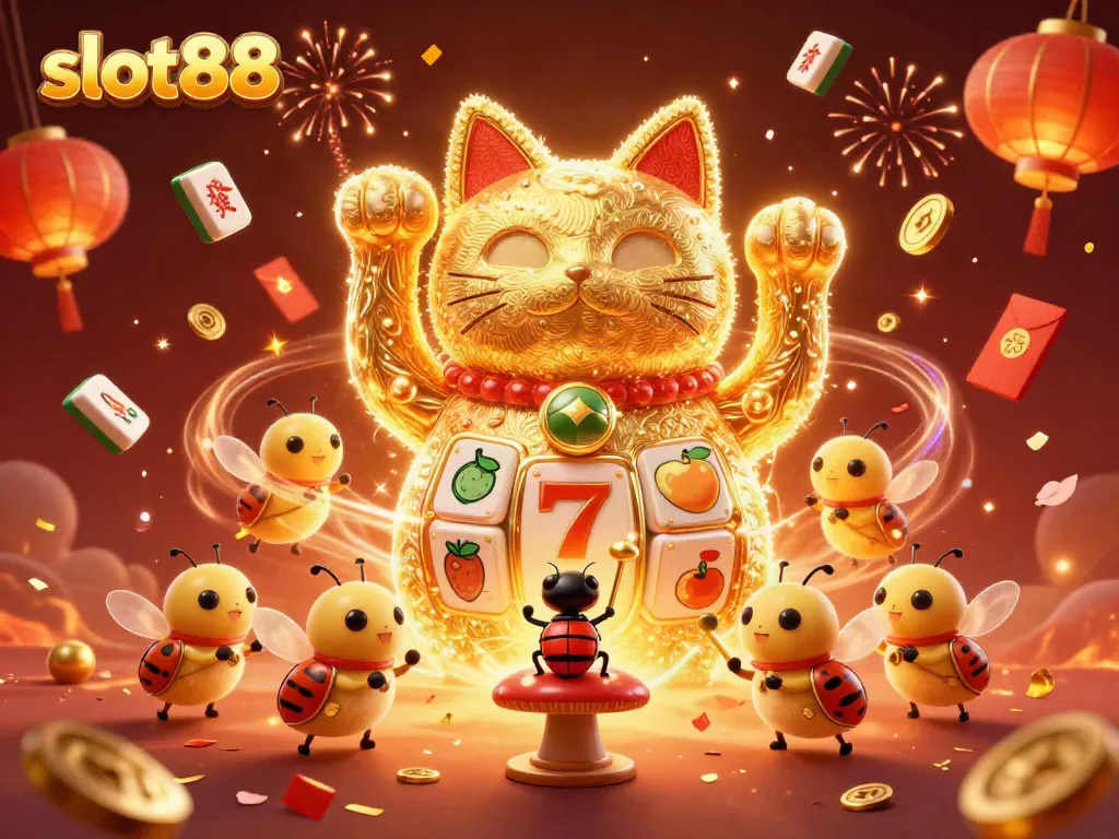 Slot88 menampilkan kucing keberuntungan raksasa dikelilingi elemen kasino meriah.