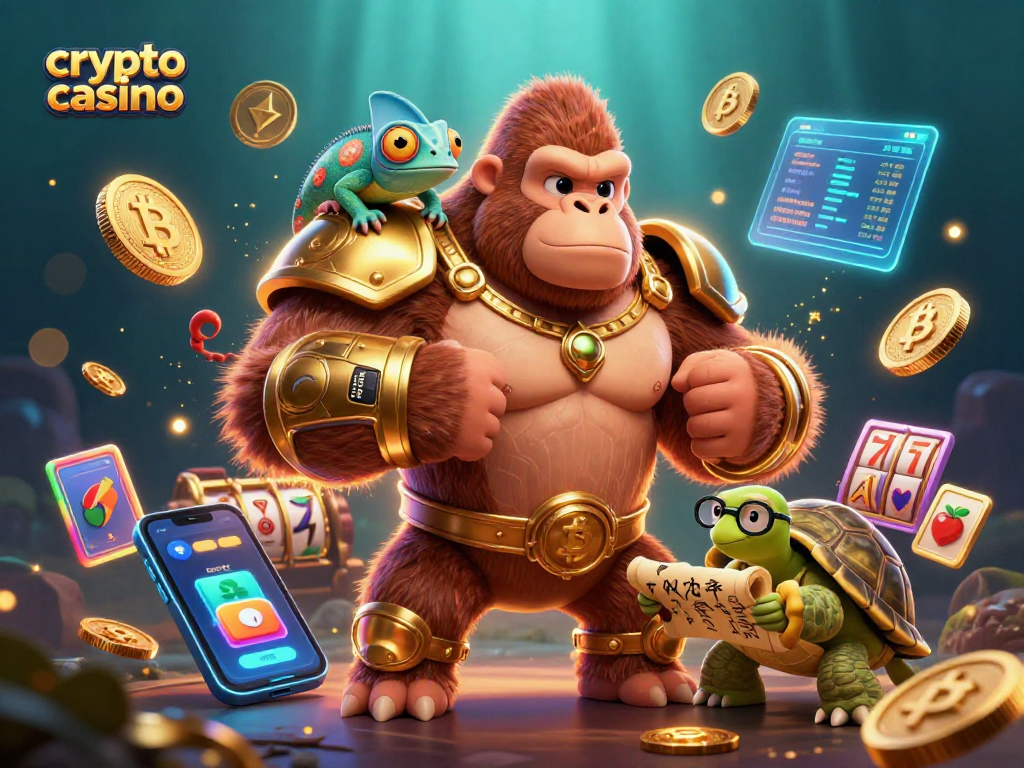 Engage in a thrilling crypto casino experience with vibrant 3D characters and glowing coins.