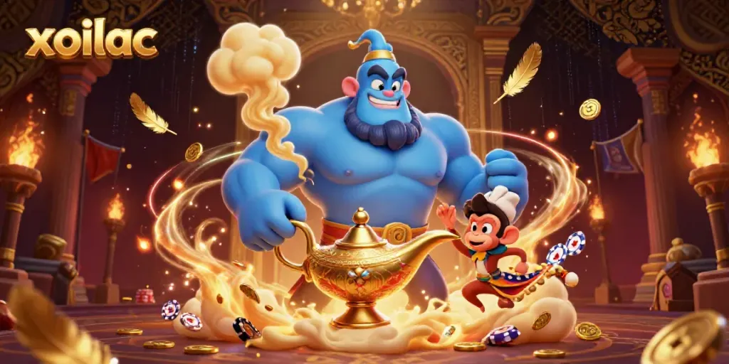 Xoilac genie and monkey celebrating in a casino-inspired scene with vibrant colors and golden sparkles.