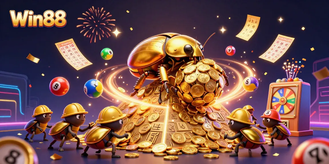 Win88 captivates with vibrant gaming energy as golden beetles roll coins amidst a lottery spectacle.