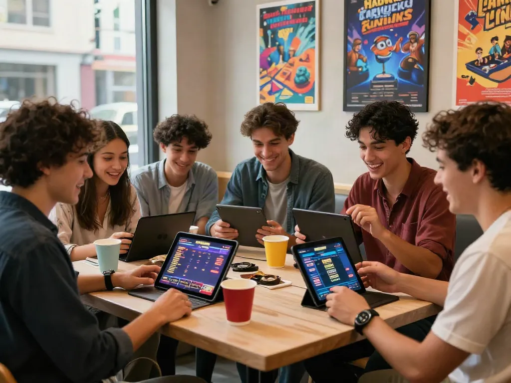 Friends enjoying akunjp gaming experience at a vibrant coffee shop.