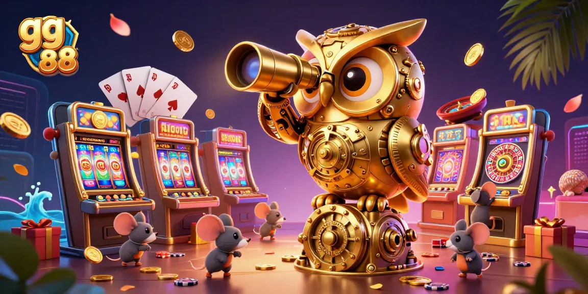 Engage with gg 88 as the 3D cartoon golden owl oversees a vibrant casino scene filled with slot games and joyful patrons.