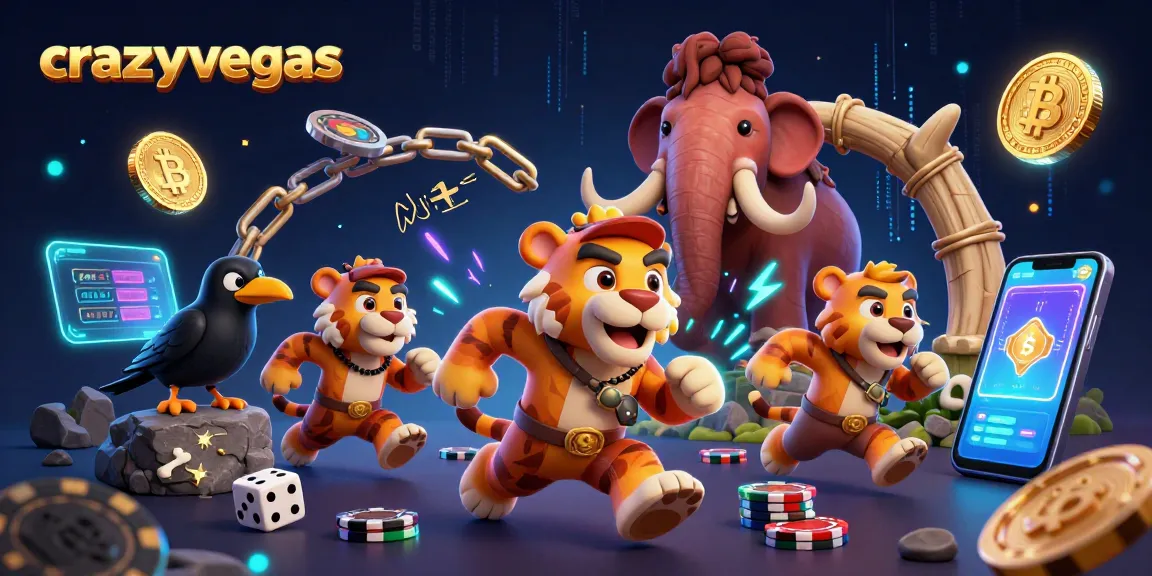 Caveman and sabertooth tiger run a vibrant crazyvegas casino with crypto elements.