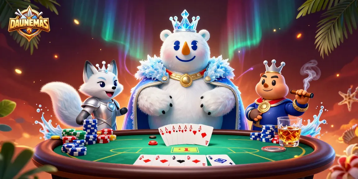 Engage in a thrilling poker game with DAUNEMAS, featuring colorful chips and a dynamic scene of excitement.