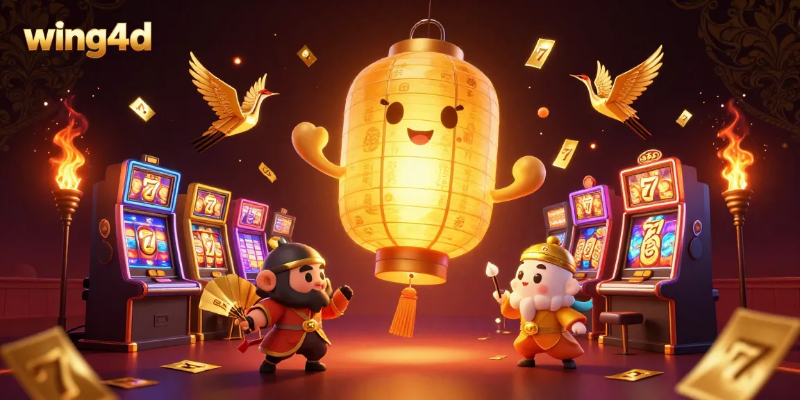 Experience excitement at wing4d with a golden lantern spirit and vibrant slot machines in the casino.