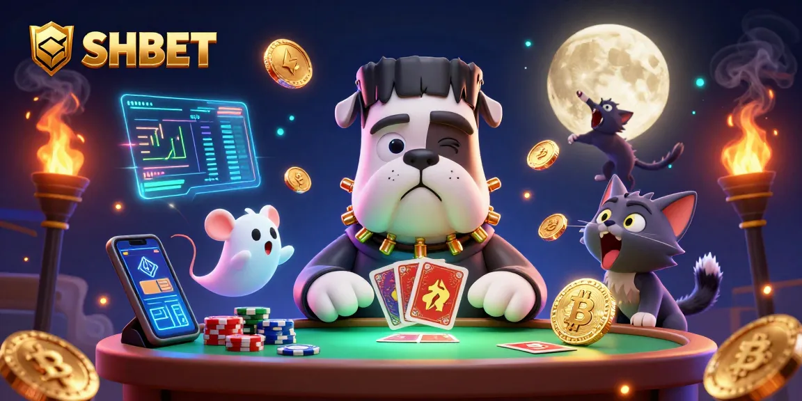 SHBET showcases thrilling card games at a spooky casino table with dynamic 3D elements.