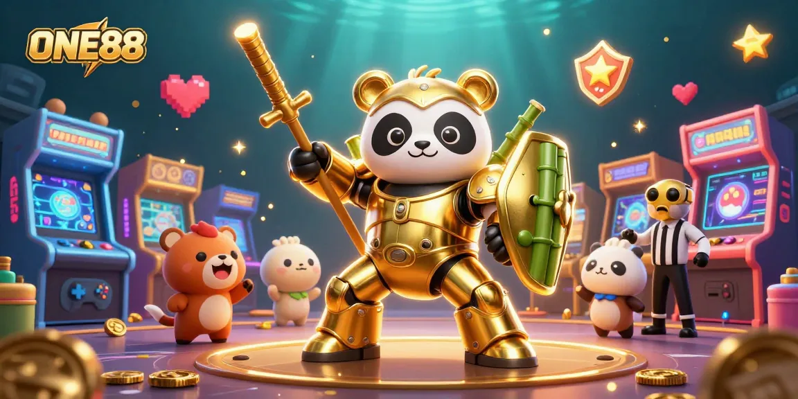 Experience excitement with ONE88 as a golden panda pilots its robot in thrilling gaming action.