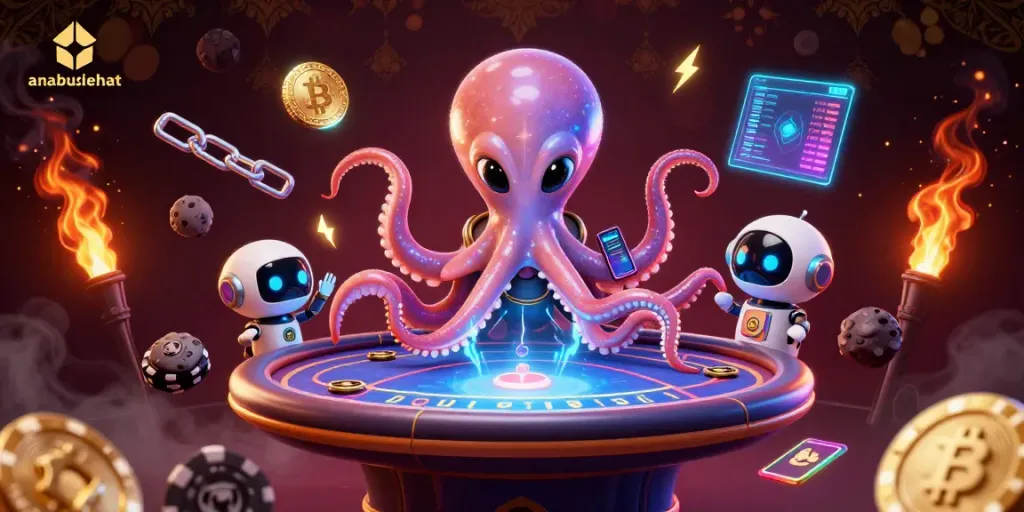 Permainan poker 3D menggunakan anabulsehat dengan karakter alien dan robot di latar luar angkasa.