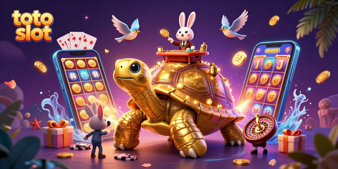 Play toto slot with a vibrant 3D illustration featuring a golden tortoise casino, a rabbit dealer, and flying coins.