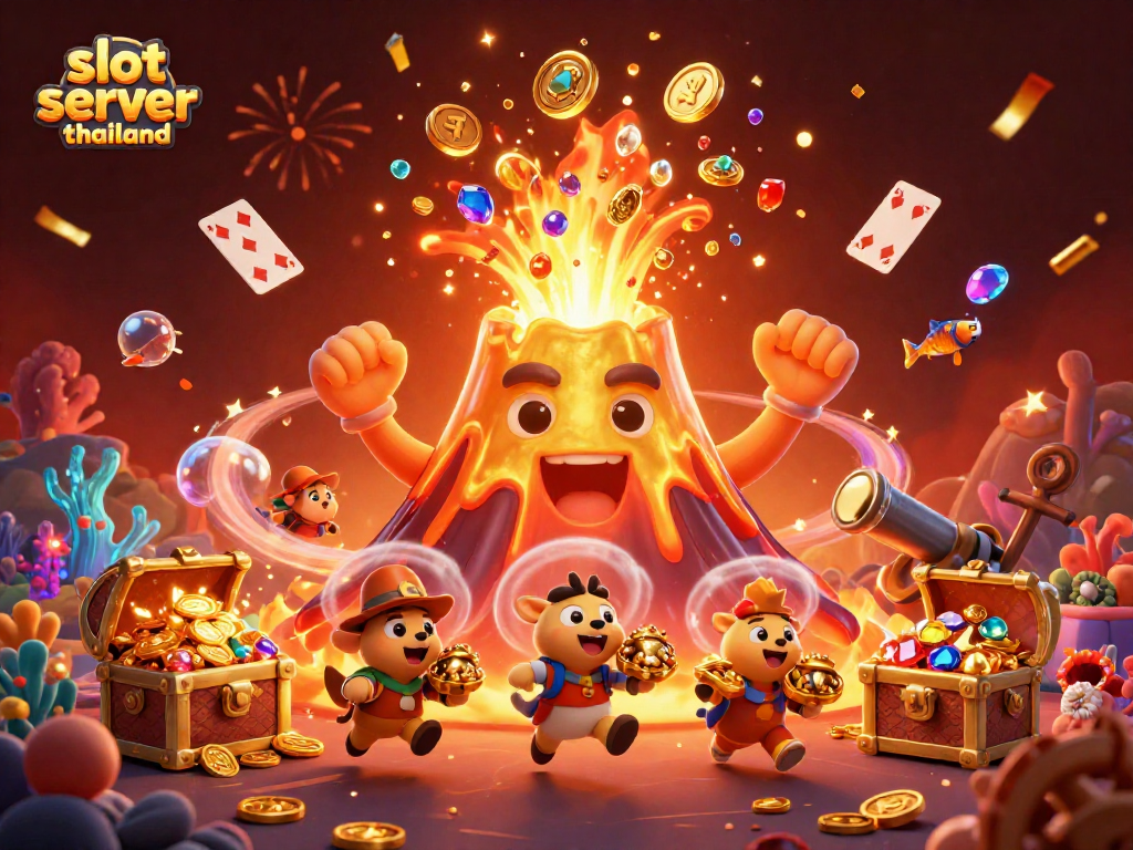 Engage with thrilling slot server thailand gameplay showcased in a vibrant 3D animation, featuring a erupting volcano and treasures.