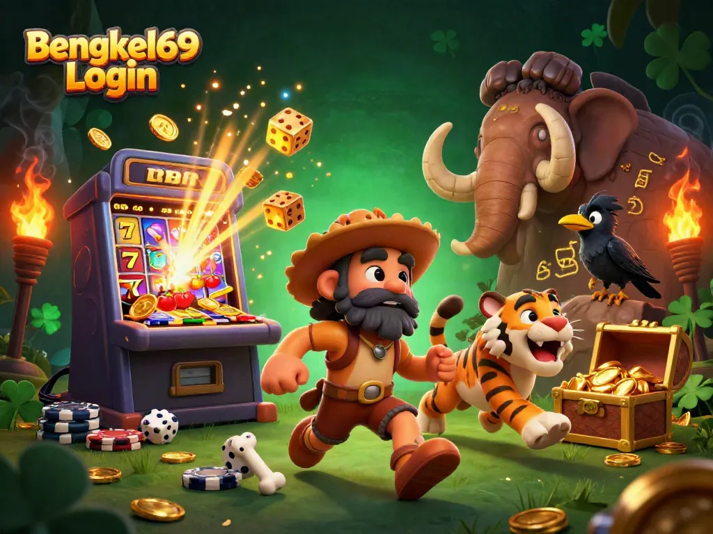 Spin the reels at Bengkel69 Login for thrilling slot action surrounded by vibrant casino elements.