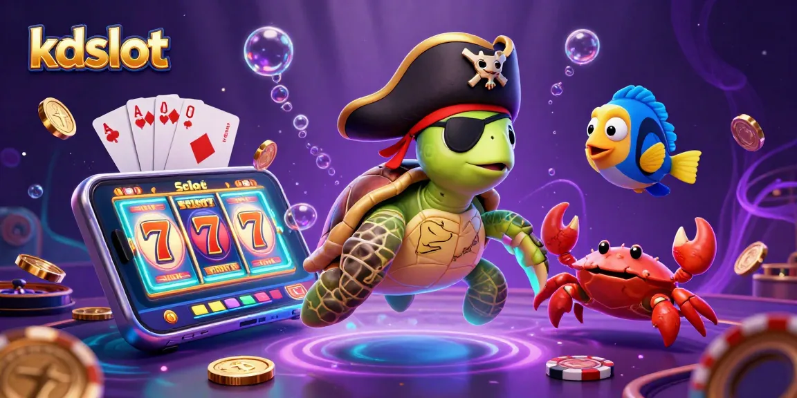 Engage with the excitement of kdslot's vibrant slot game scene featuring a pirate turtle and treasure elements.