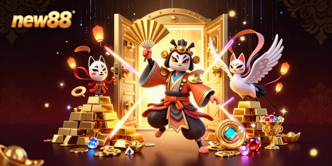 Engage in thrilling adventures at new88 with our vibrant casino-themed illustration featuring treasures and immersive characters.