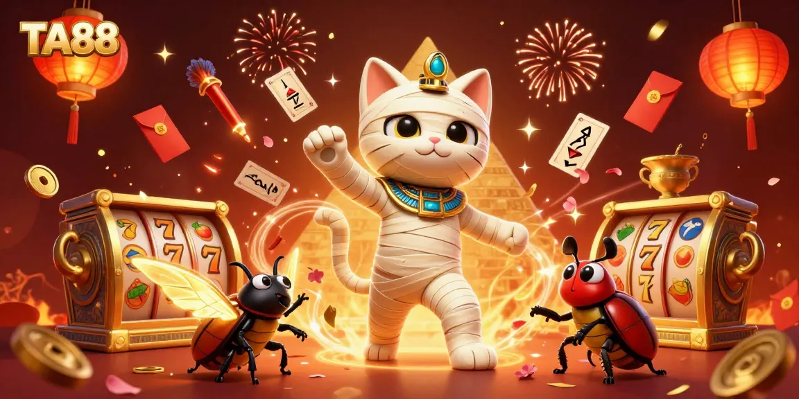 Experience thrilling action at TA88 with the Egyptian mummy cat in a vibrant casino scene.