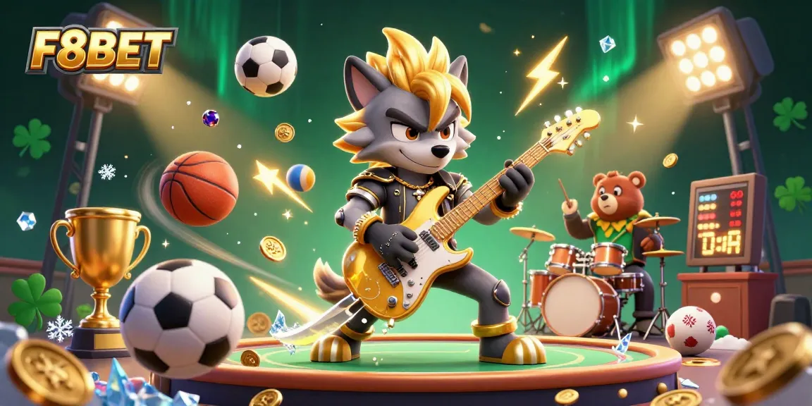 Engage with F8BET amid vibrant casino vibes featuring a golden wolf guitarist and bear drummer.
