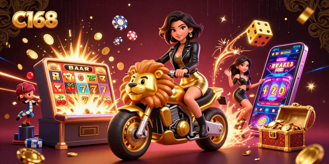 Win big with C168 featuring a stylish Asian woman riding a golden lion through a vibrant casino world.