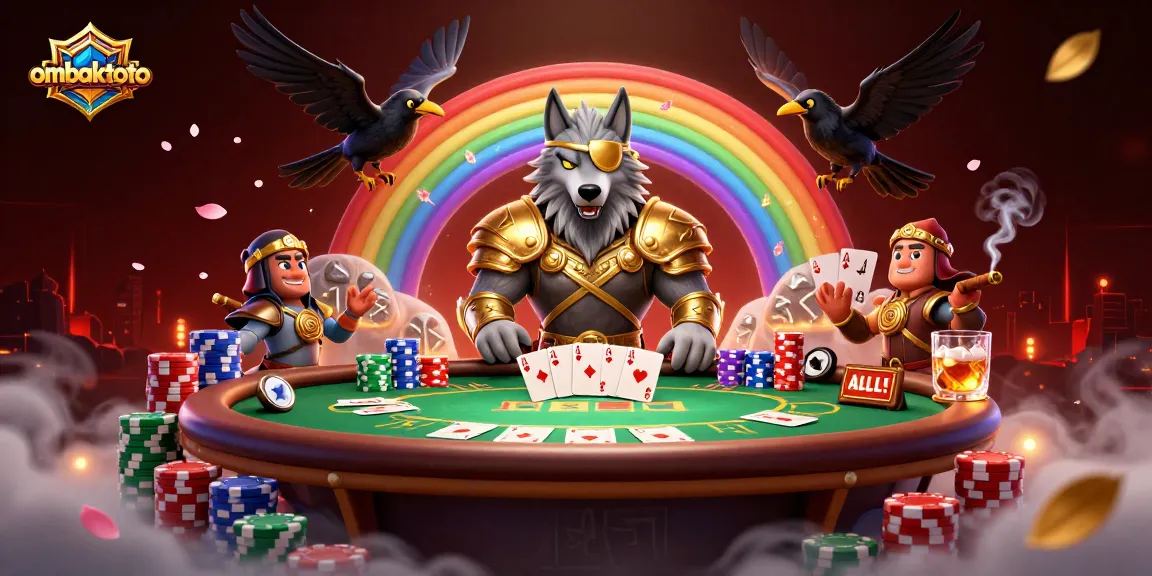 Engage with ombaktoto as Odin and ravens reveal poker mastery amidst vibrant casino elements.