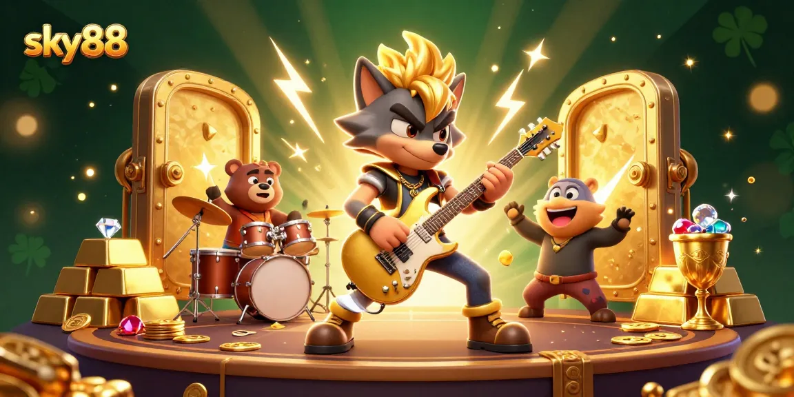 Experience the thrilling sky88 casino with vibrant 3D characters and dazzling gold treasures.