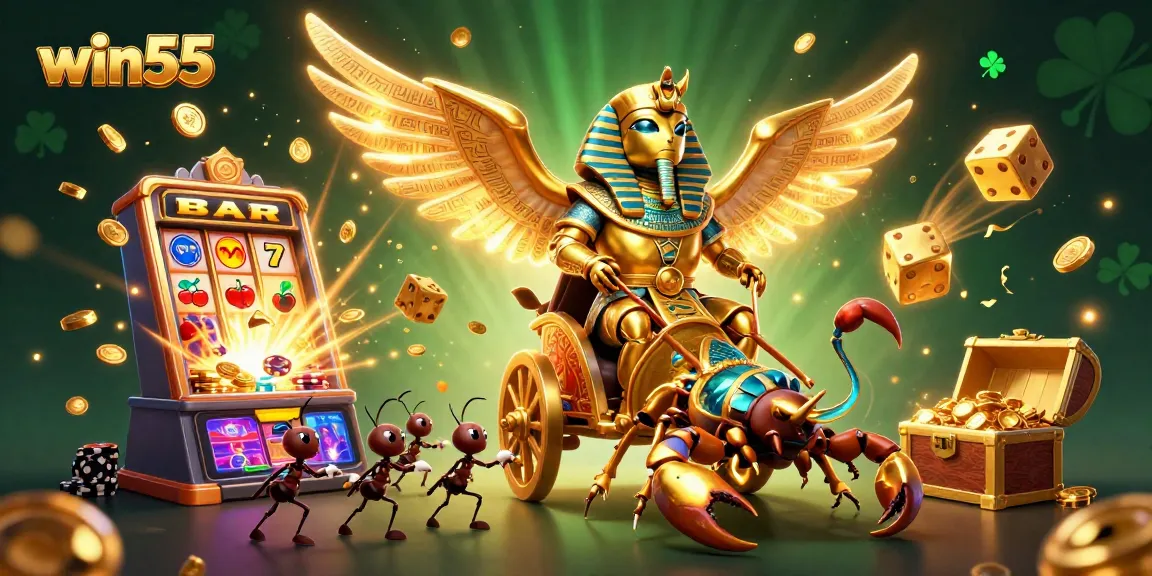 Win55 features a golden scarab beetle and casino elements celebrating online gaming excitement.