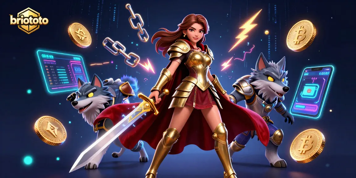 Experience thrilling gaming excitement with briototo's vibrant illustration enriched with crypto elements and dynamic characters.