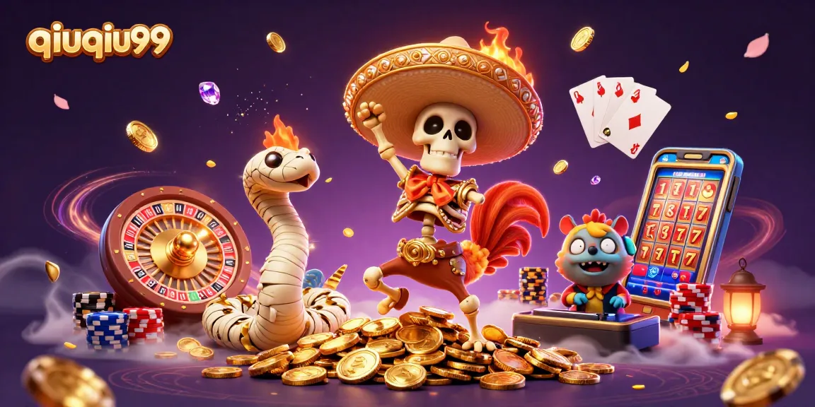 Engage with qiuqiu99 in this vibrant casino scene featuring a dancing skeleton, a mummy snake, and a DJ hamster.