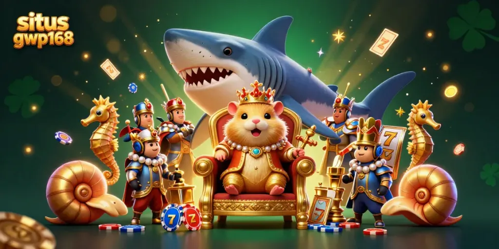 Situs gwp168 menampilkan ilustrasi kerajaan kasino dengan raja hamster emas, menjaga suasana meriah bersama elemen mesin slot.