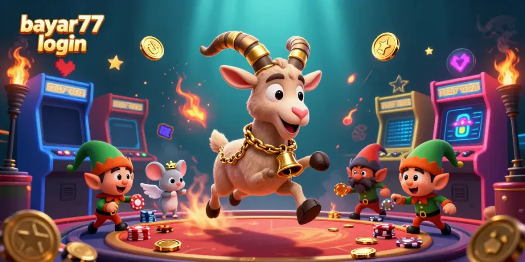 Experience the excitement of bayar77 login in a vibrant casino scene filled with animated characters and game elements.