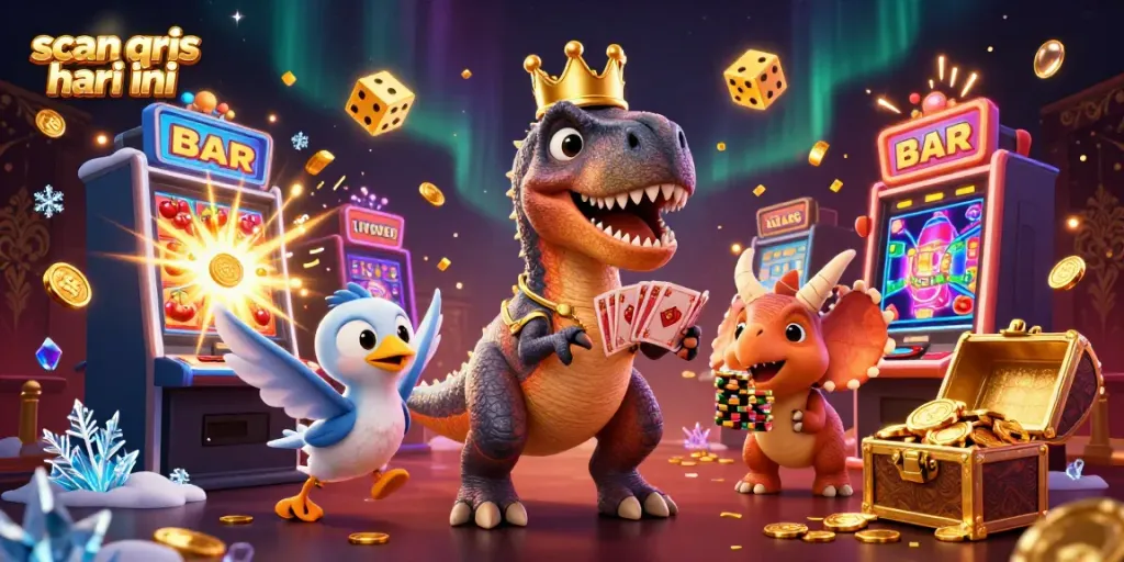 Experience thrilling wins and fun with "scan qris hari ini" in a vibrant casino scene filled with cartoon dinosaurs and games.