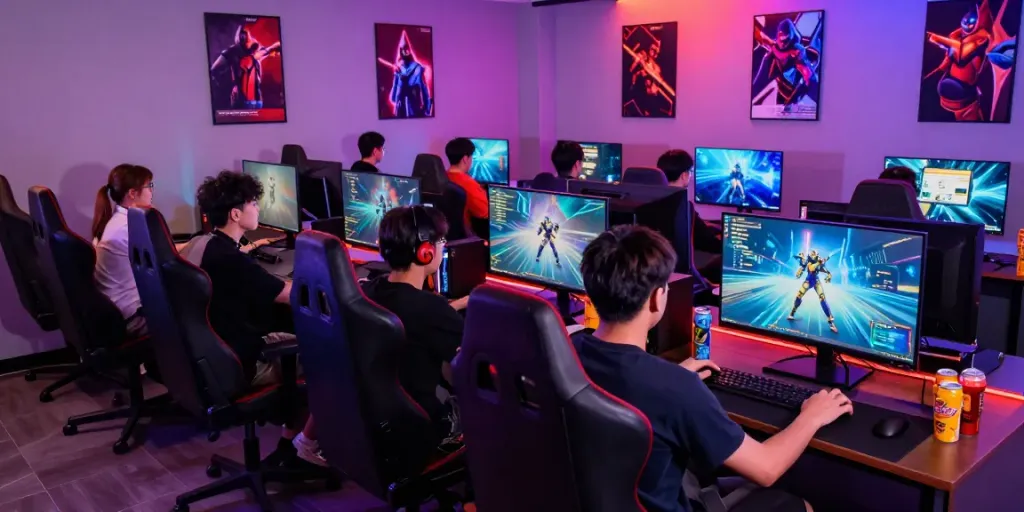Dynamic gaming scene showcasing bro138 players immersed in action with colorful LED lights.