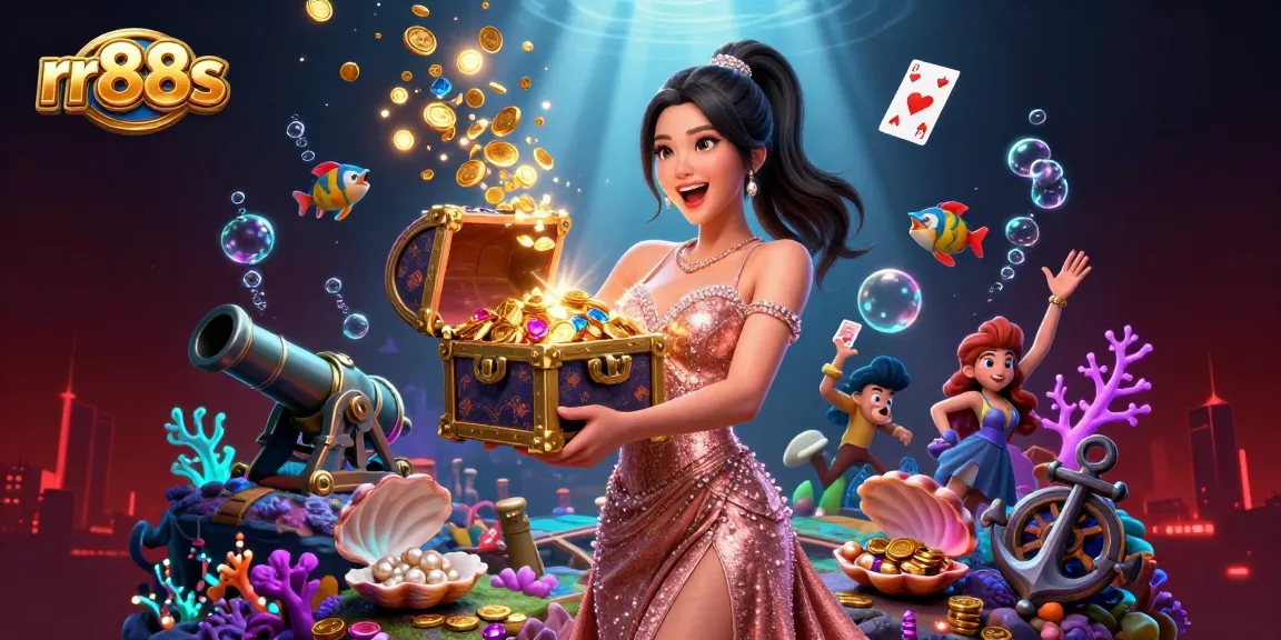Experience thrilling gameplay at rr88s with vibrant treasures and dynamic gaming actions surrounding a joyful character.