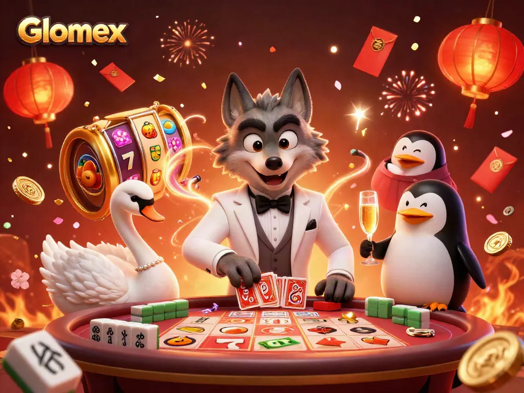Glomex presents a lively baccarat scene with animated characters and dynamic casino elements.
