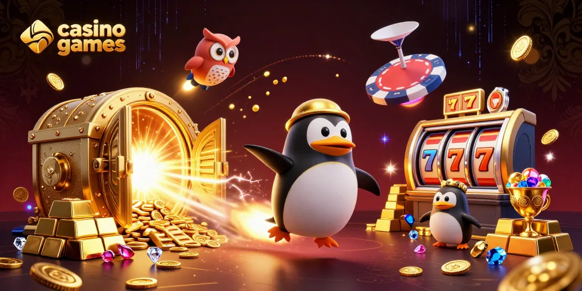 Experience thrilling casino games with a golden penguin and treasures in a vibrant 3D space illustration.