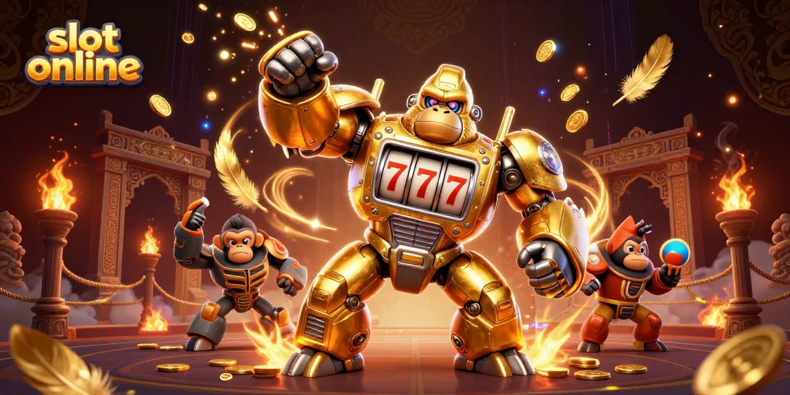 Permainan slot online yang seru dengan gorila emas dan elemen kasino lainnya.