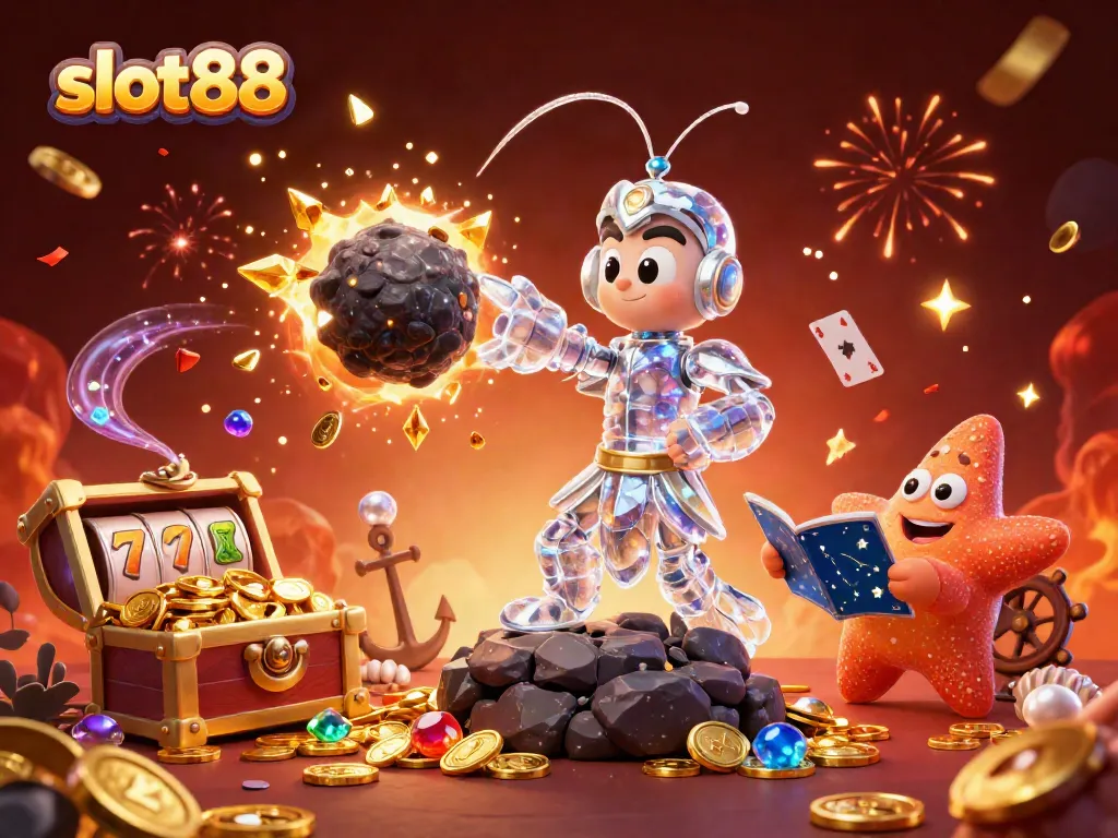 Slot88 menampilkan karakter samurai mantis sambil menghancurkan asteroid yang meledak menjadi harta emas dan permata.