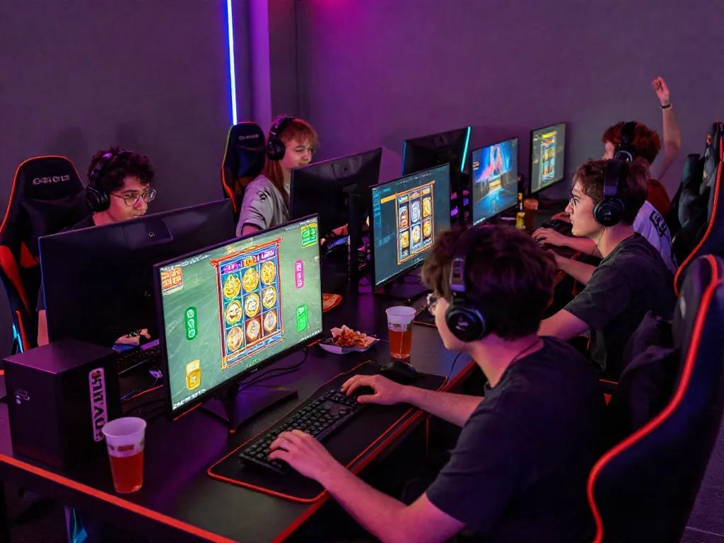 Group enjoying akunjp gaming in a vibrant lounge with screens and snacks.