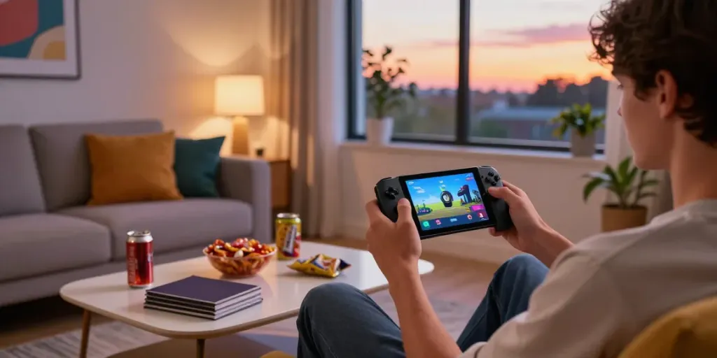 Engaging scene of a young adult playing Yono Games on a smartphone in a cozy living room.
