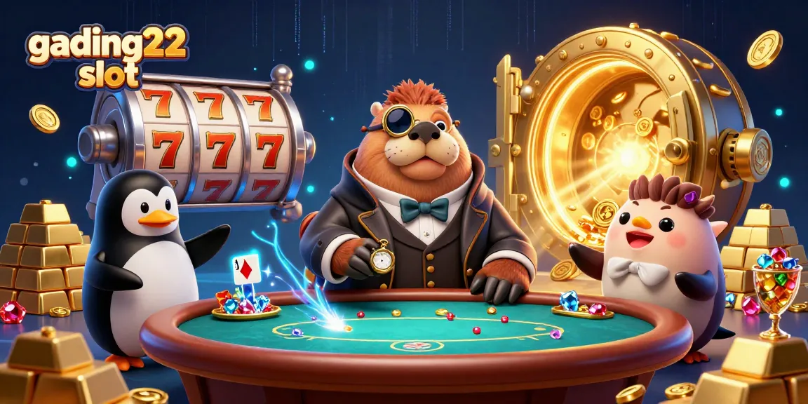 Experience the gading22 slot action with a jolly walrus and friends in a colorful casino setting.