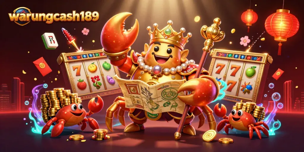 Engage in exciting gameplay with warungcash189, featuring a golden crab emperor and dynamic casino elements.