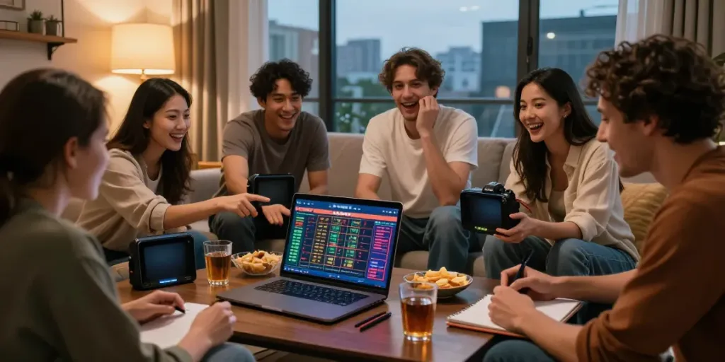 Friends enjoying a fun evening with unsurtoto betting over drinks and snacks.