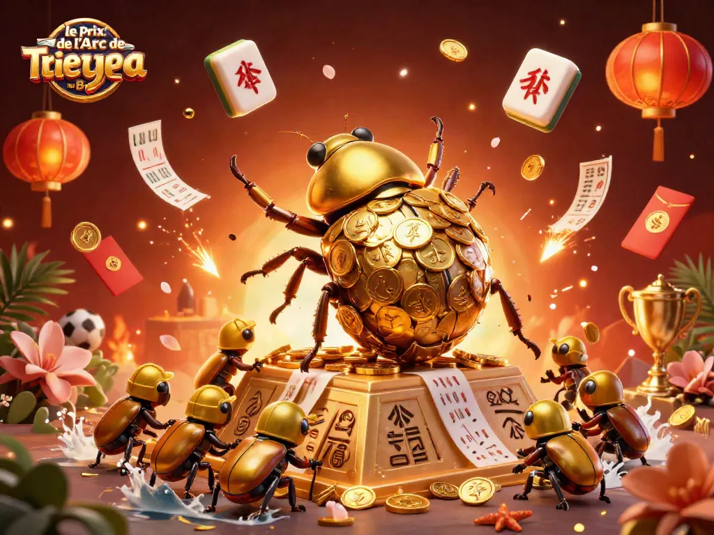 Bet on le Prix de l'Arc de Triomphe sur Betya with festive casino elements, gold coins, and sports trophies.