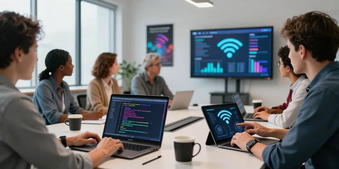 Tim profesional bekerja sama untuk solusi wifi4d yang inovatif di ruang kerja modern.