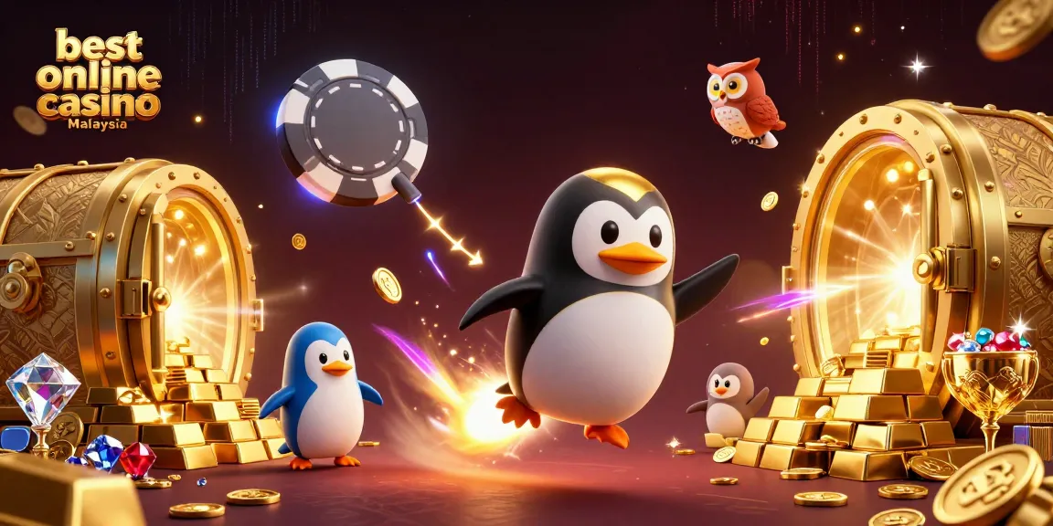Experience the excitement at the best online casino Malaysia with a golden penguin racing towards a poker chip station.