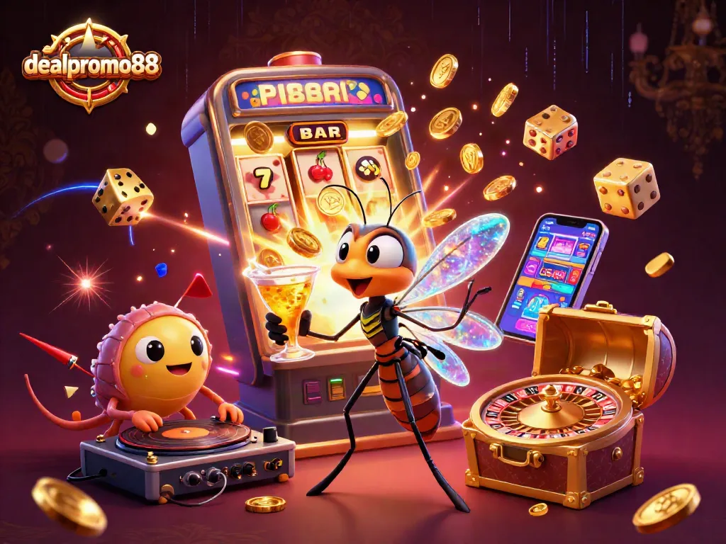 Engage with dealpromo88 at a vibrant casino scene featuring a unique mascot and jackpot excitement.
