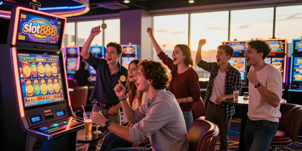 Friends enjoying the thrill of slot888 at a vibrant casino, surrounded by colorful lights.