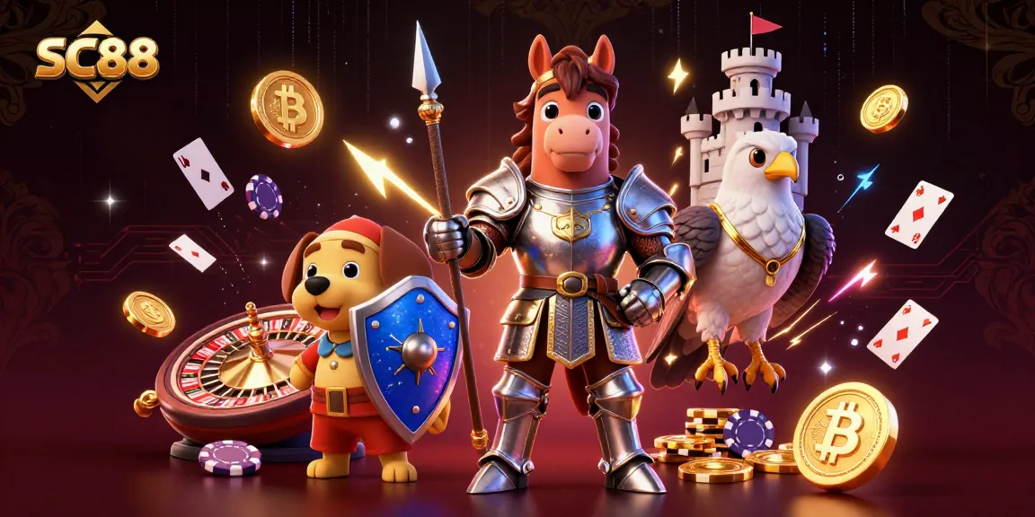 Experience thrilling casino action with SC88's vibrant medieval-themed illustration featuring a knight, puppy, and falcon.