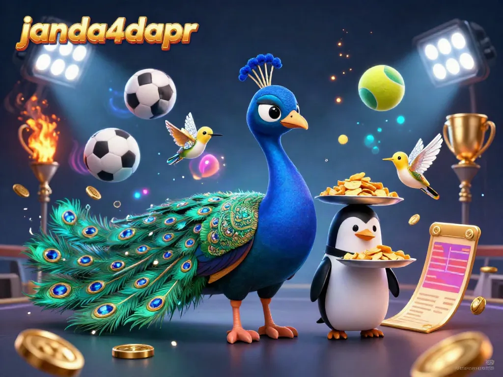 Gambarkan keseruan digital di janda4dapr dengan burung merak yang megah, dan karakter menarik lainnya.
