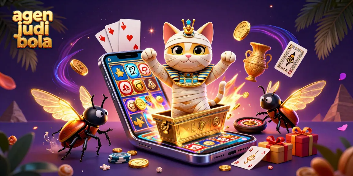 Engage with agen judi bola in a vibrant pyramid casino scene featuring an animated mummy cat and treasures.