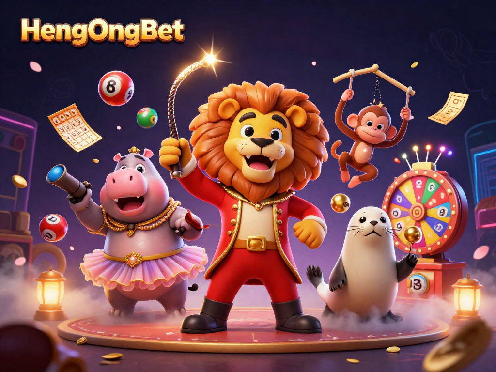 Engage in exciting games with HengOngBet, featuring lively circus characters and dynamic lottery elements.