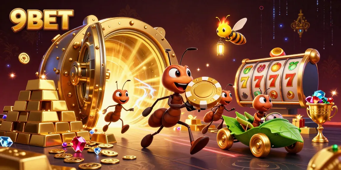 Engage in thrilling action with 9BET's heist scene featuring cartoon ants and treasures.